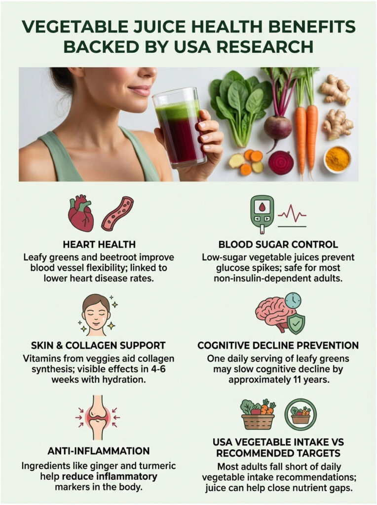 Woman holds a glass of vegetable juice with health benefits listed, including heart health and blood sugar control. Infographic.
