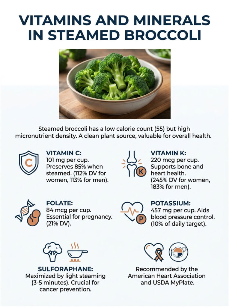 Infographic showing vitamins and minerals in steamed broccoli, including vitamin C, K, folate, potassium, and sulforaphane.