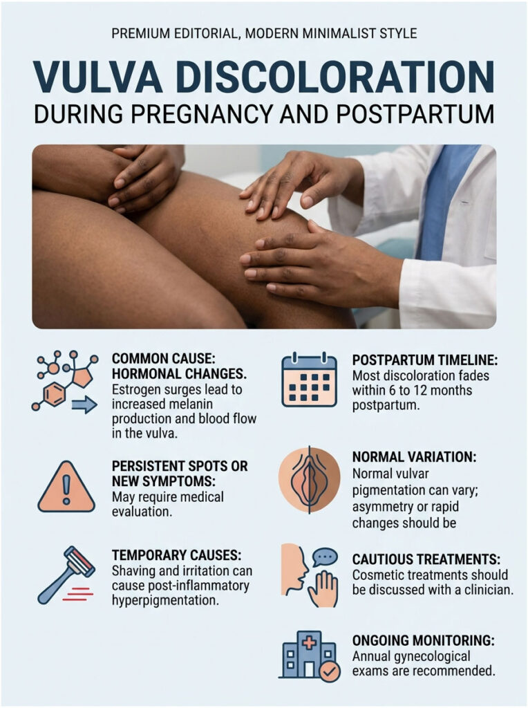 Infographic on vulva discoloration during pregnancy and postpartum, detailing causes and treatment options.