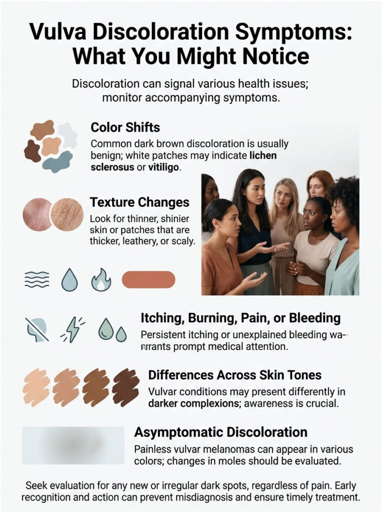 Infographic on vulva discoloration symptoms with text and illustrations about color shifts, texture changes, and more.