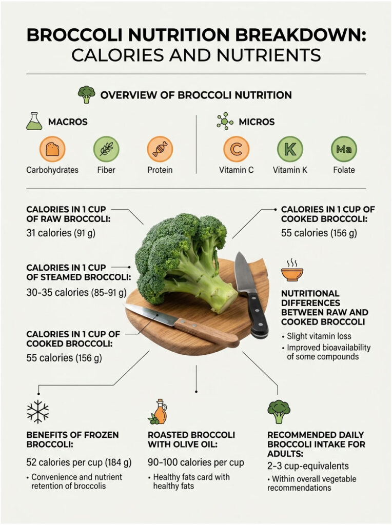 Infographic detailing broccoli nutrition, including calories, nutrients, and benefits of raw and cooked broccoli.