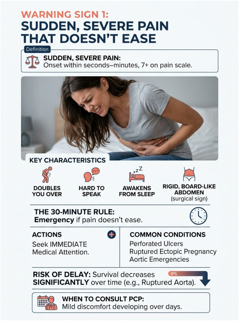 Infographic showing sudden severe pain warning signs, key characteristics, actions, and common conditions with icons.