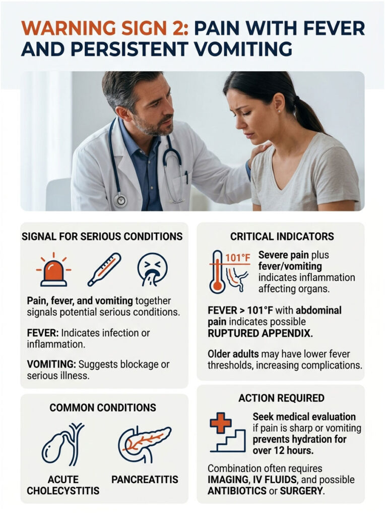 Doctor consults patient showing warning signs of pain, fever, and vomiting in an infographic format.