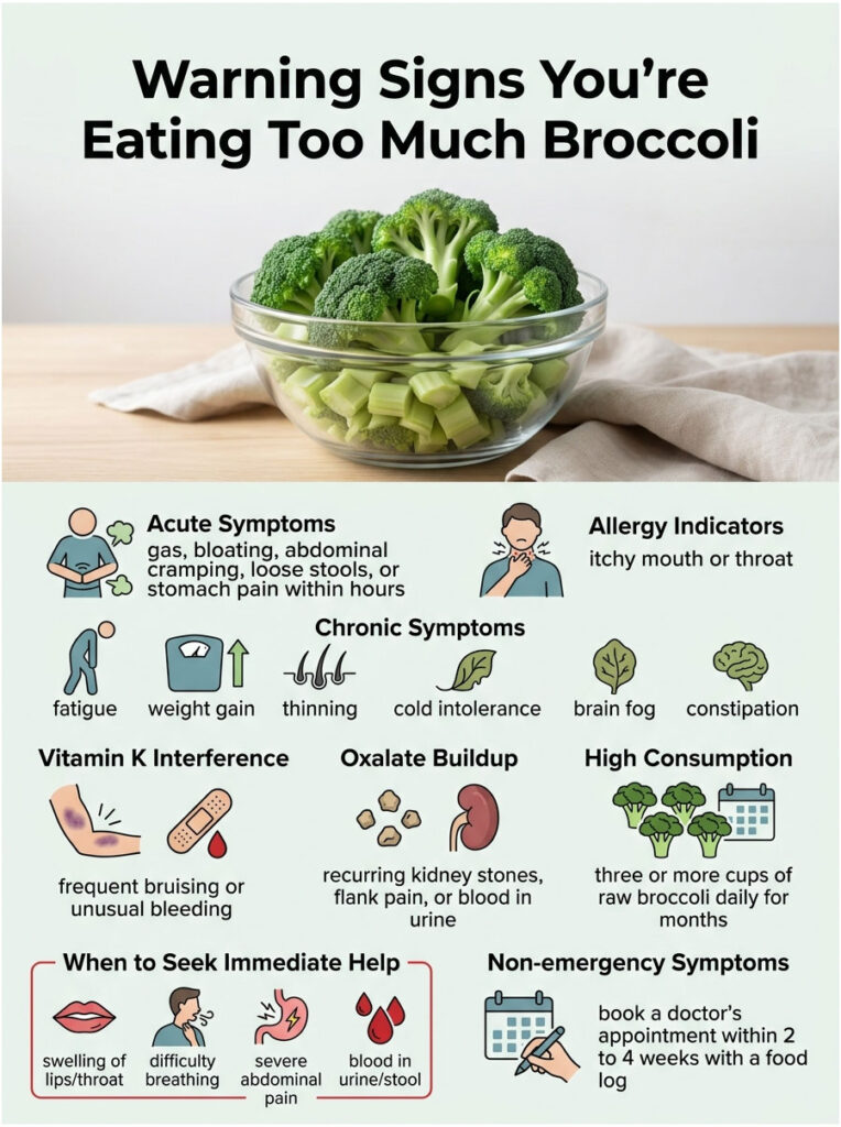 Infographic showing warning signs of eating too much broccoli, including symptoms and medical advice.
