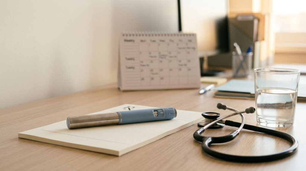 A stethoscope, pen, and glass of water on a wooden desk with a calendar in the background.