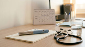 A stethoscope, pen, and glass of water on a wooden desk with a calendar in the background.