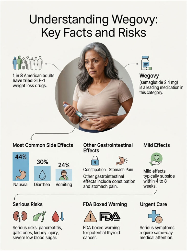 Infographic showing Wegovy medication facts, side effects, and risks with statistics and icons.