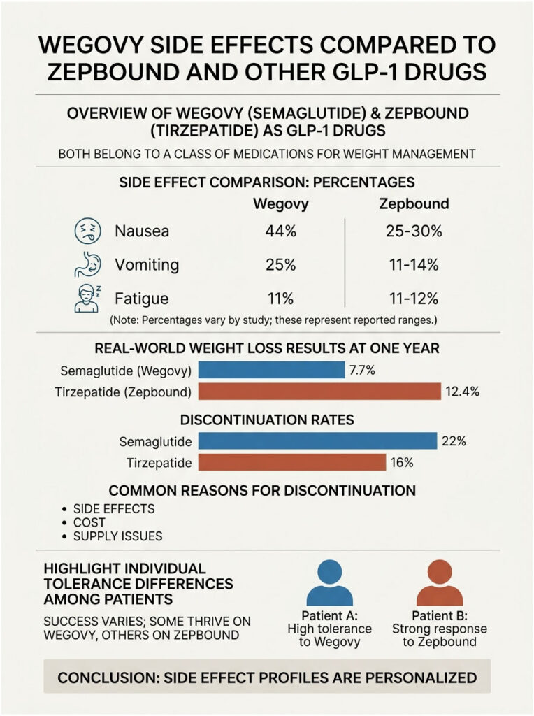 Infographic comparing Wegovy and Zepbound side effects, weight loss results, and discontinuation rates with icons and charts.