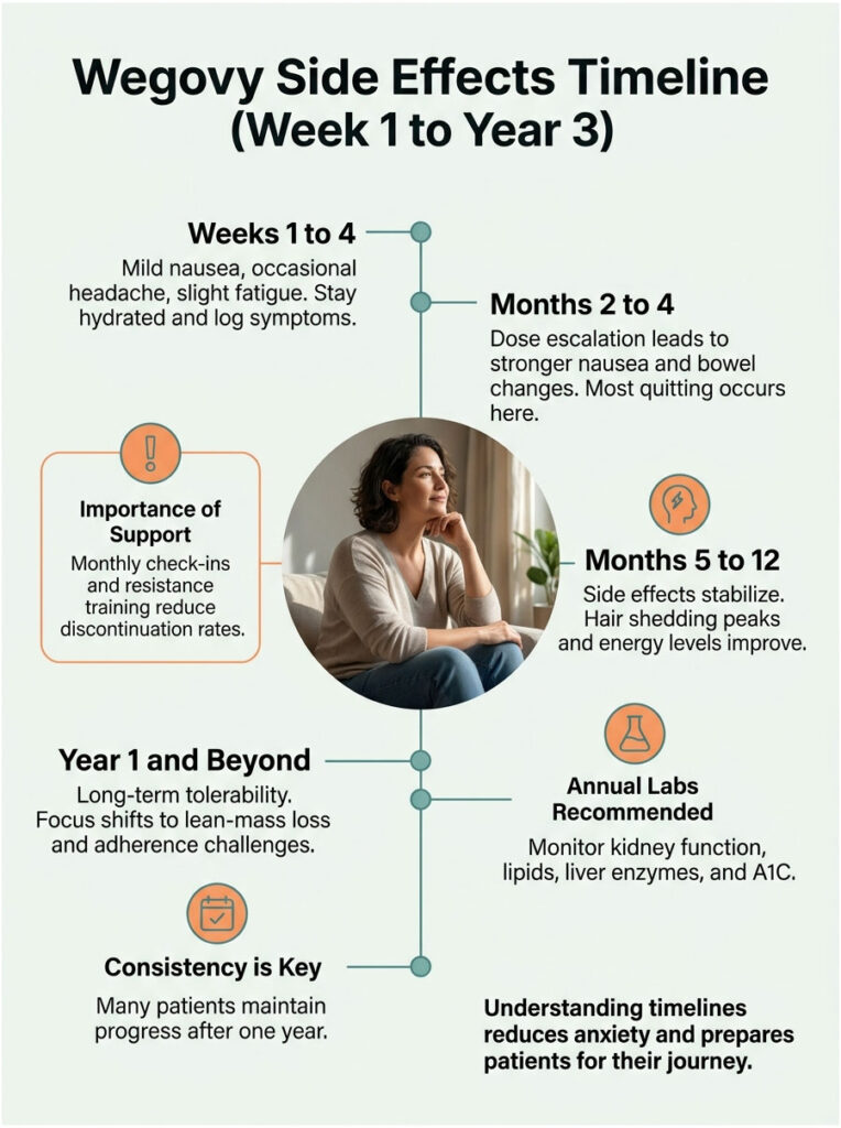 Wegovy side effects timeline from week 1 to year 3, detailing symptoms and support importance. Infographic.