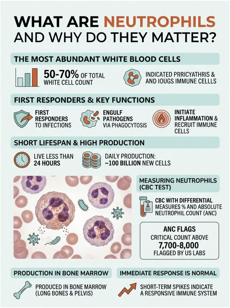 Infographic explaining neutrophils, their functions, lifespan, production, and measurement in the body.