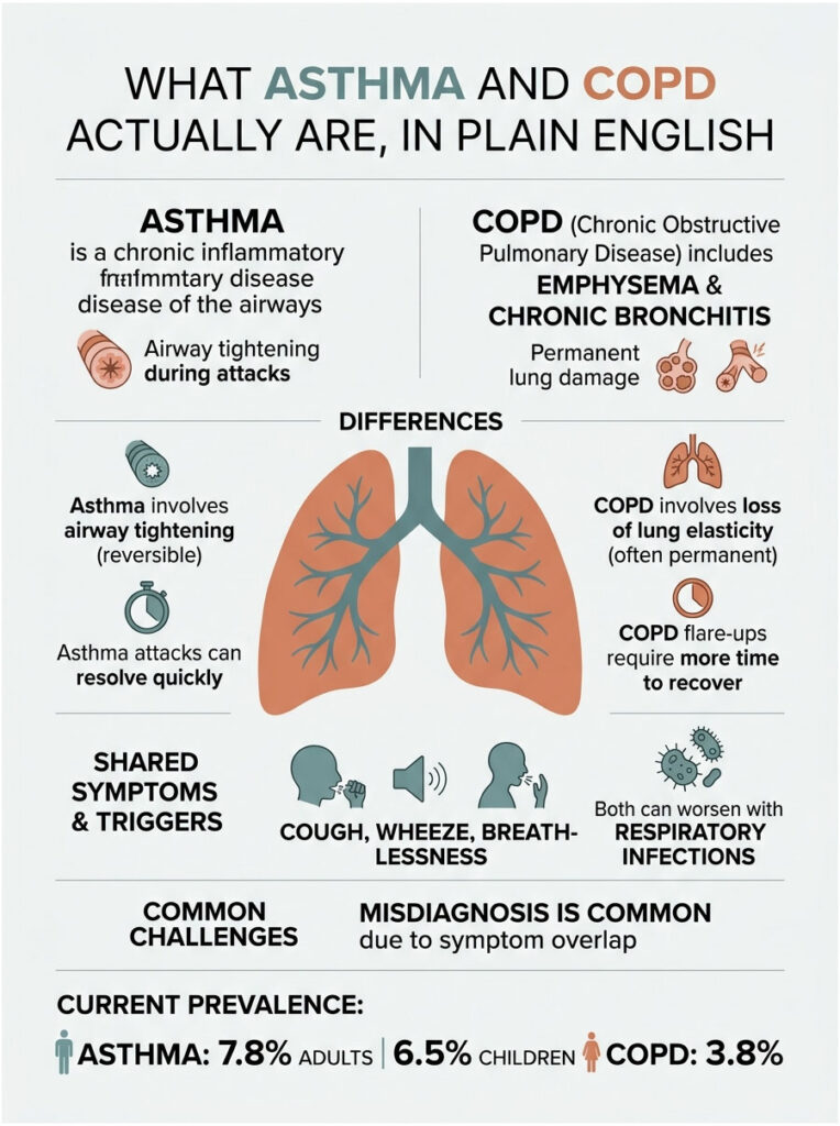 Infographic comparing asthma and COPD, detailing symptoms, differences, and prevalence statistics.