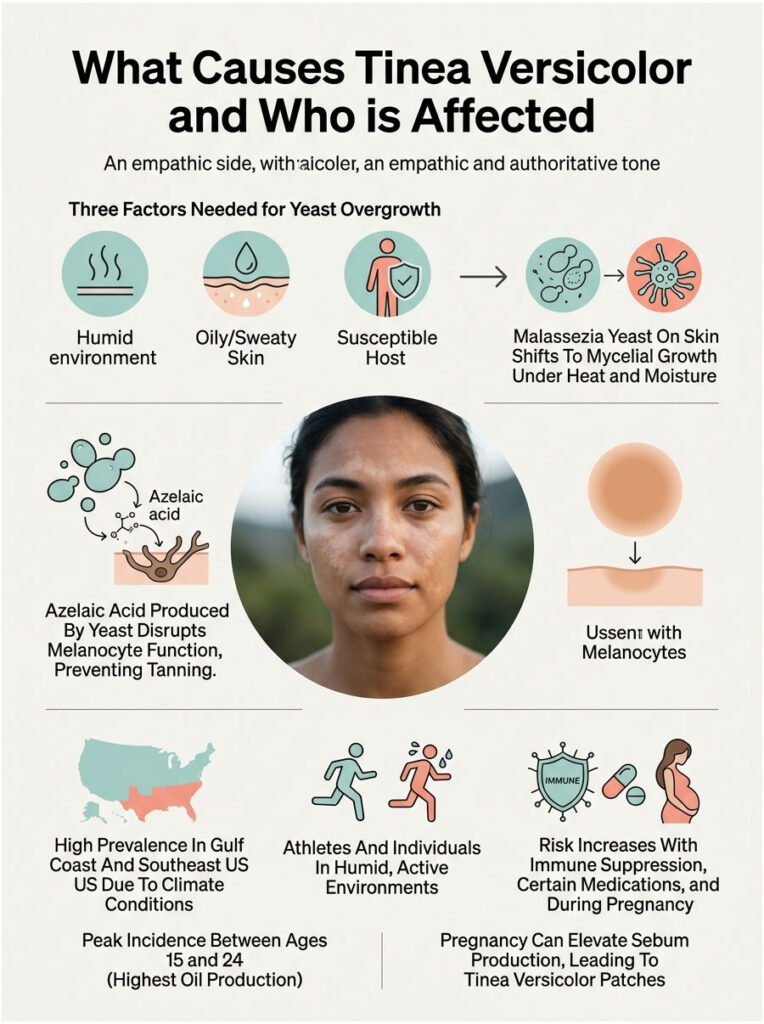 Infographic showing causes of Tinea Versicolor, featuring charts, icons, and a woman's face with skin condition details.