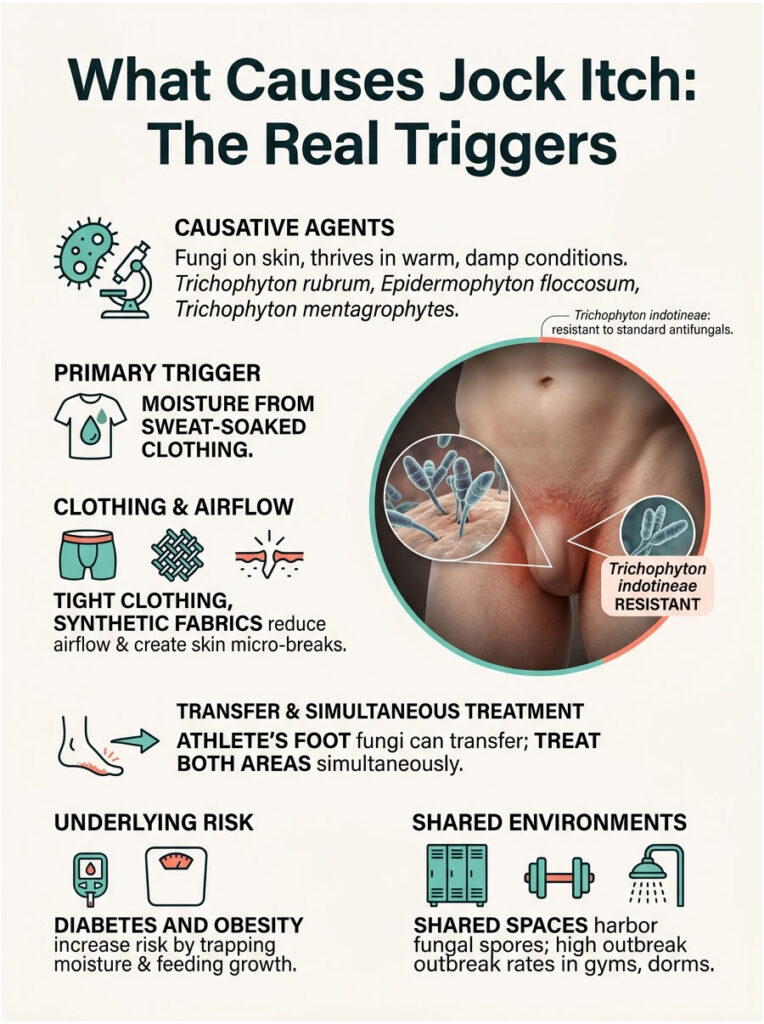 Infographic explaining jock itch causes, including fungi, moisture, clothing, and underlying risks.