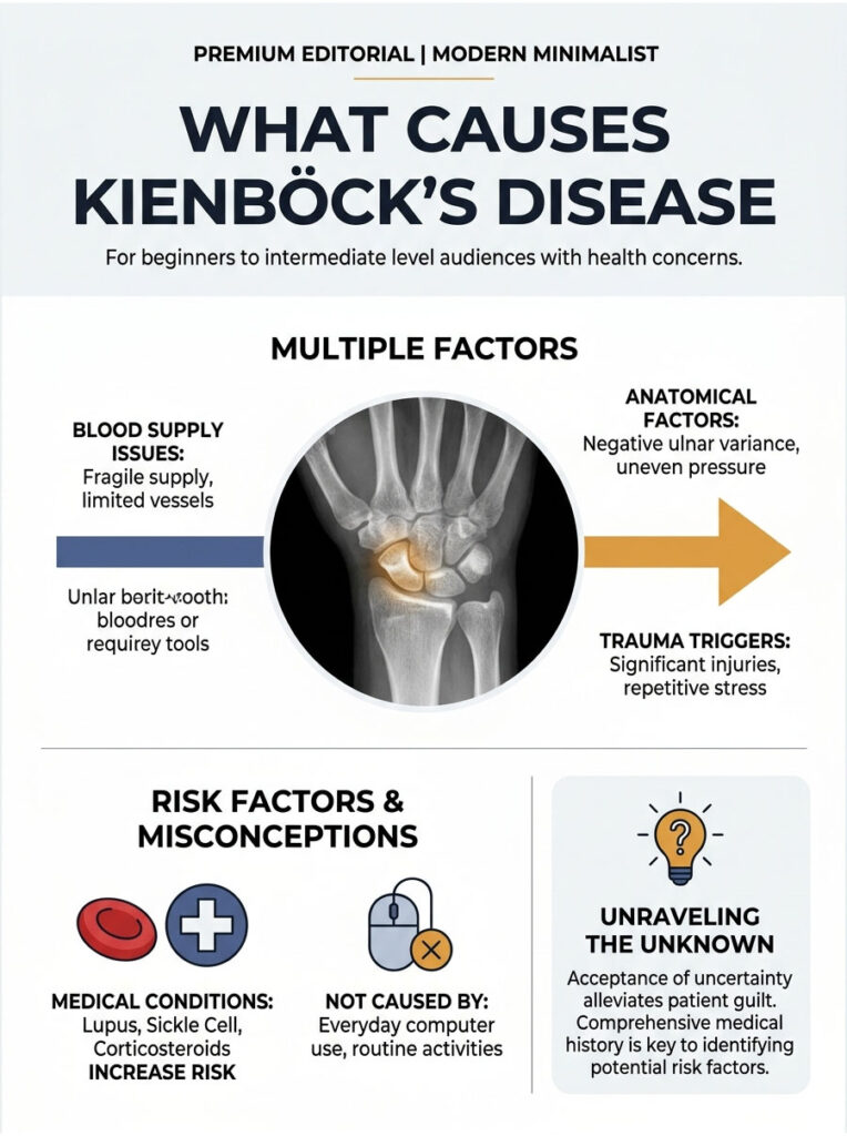 Infographic explaining causes of Kienböck's disease with charts on blood supply issues and risk factors.