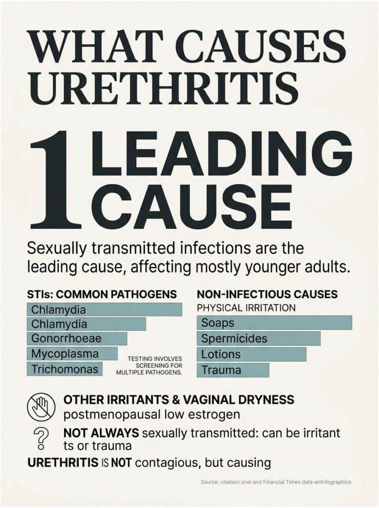 Infographic explaining causes of urethritis, highlighting STIs, common pathogens, and non-infectious causes.