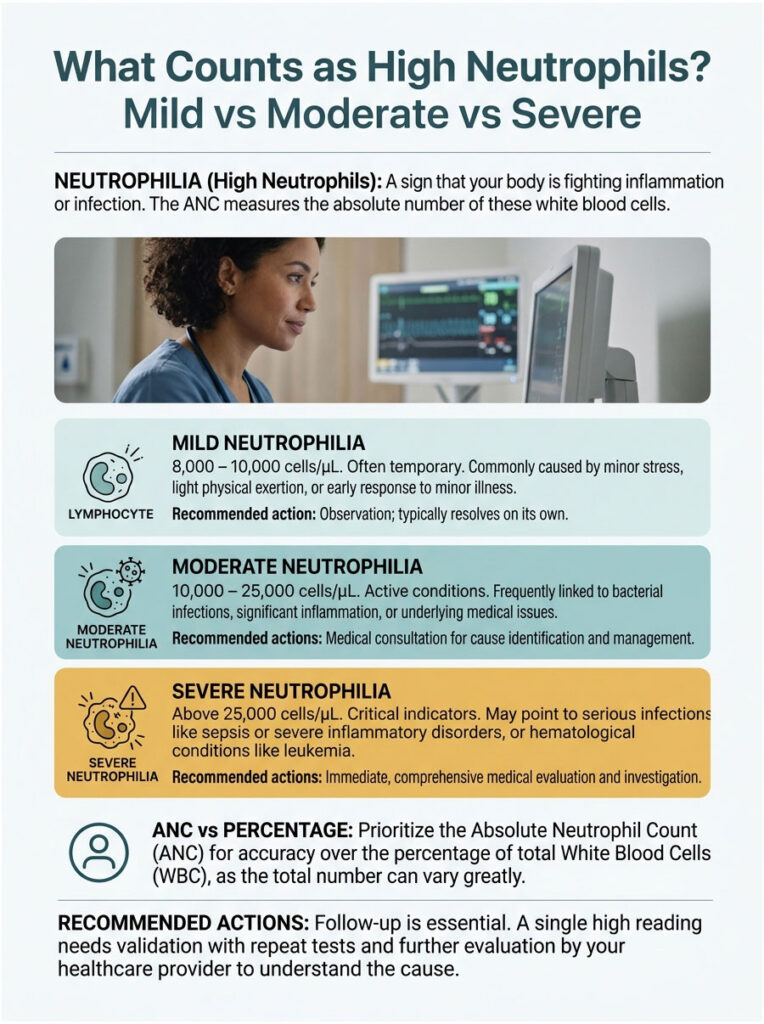 Infographic explaining neutrophilia with sections on mild, moderate, and severe neutrophil counts and actions.