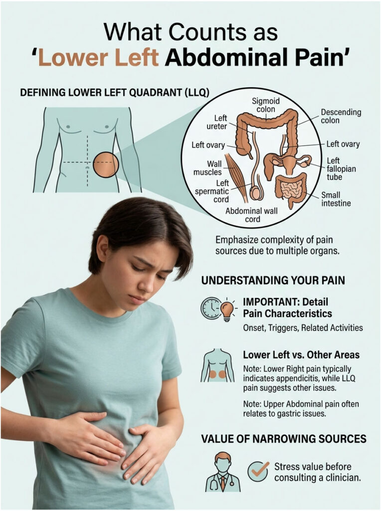 Infographic defining lower left abdominal pain with diagrams, pain characteristics, and a concerned person.