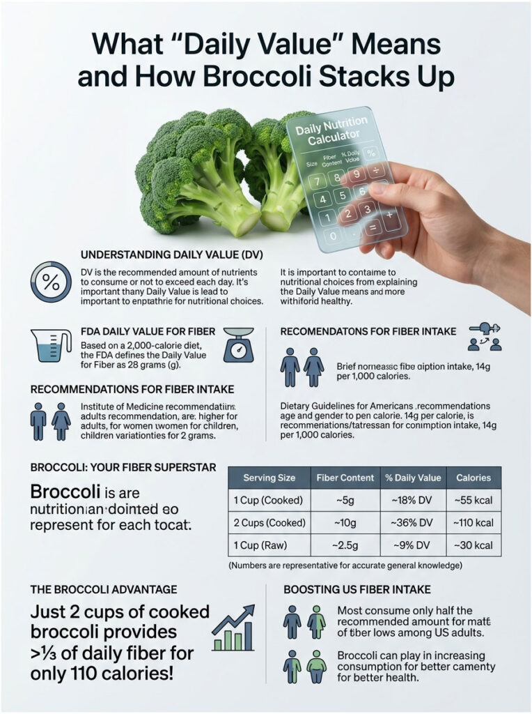 Infographic explaining Daily Value and fiber content of broccoli, featuring charts and nutritional data.