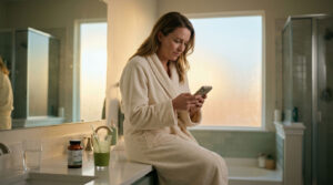 A woman in a cream robe sits on a bathroom counter, looking at her phone with a smoothie and supplements nearby.