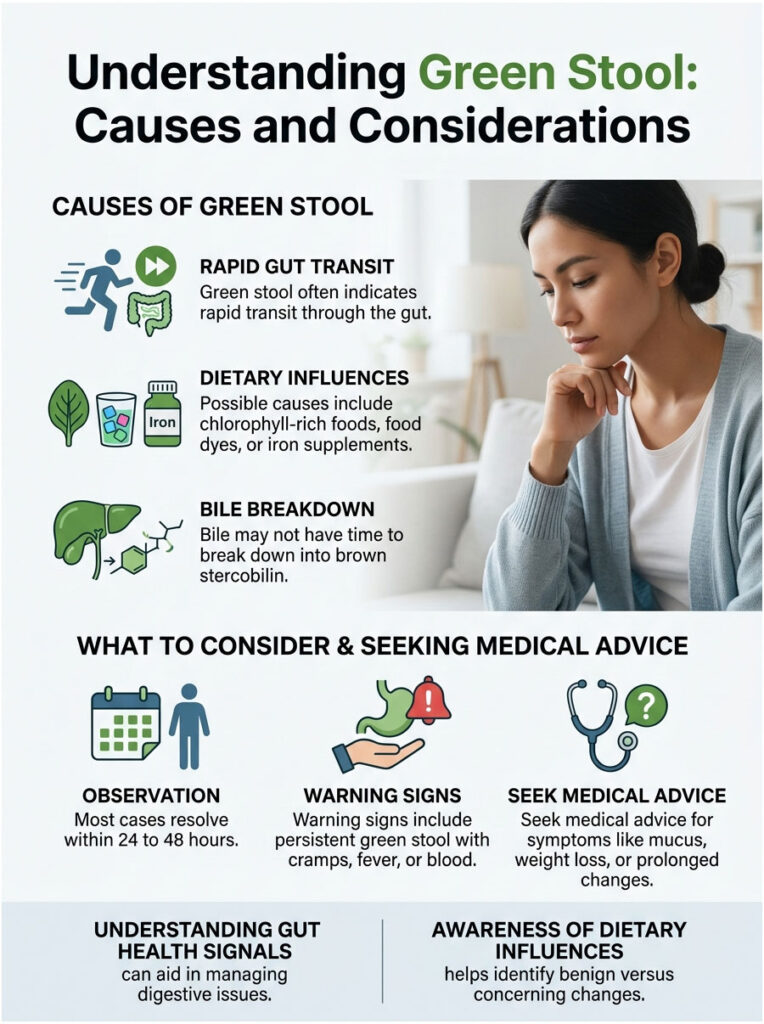 Infographic explaining causes of green stool, including rapid gut transit, dietary influences, and bile breakdown.