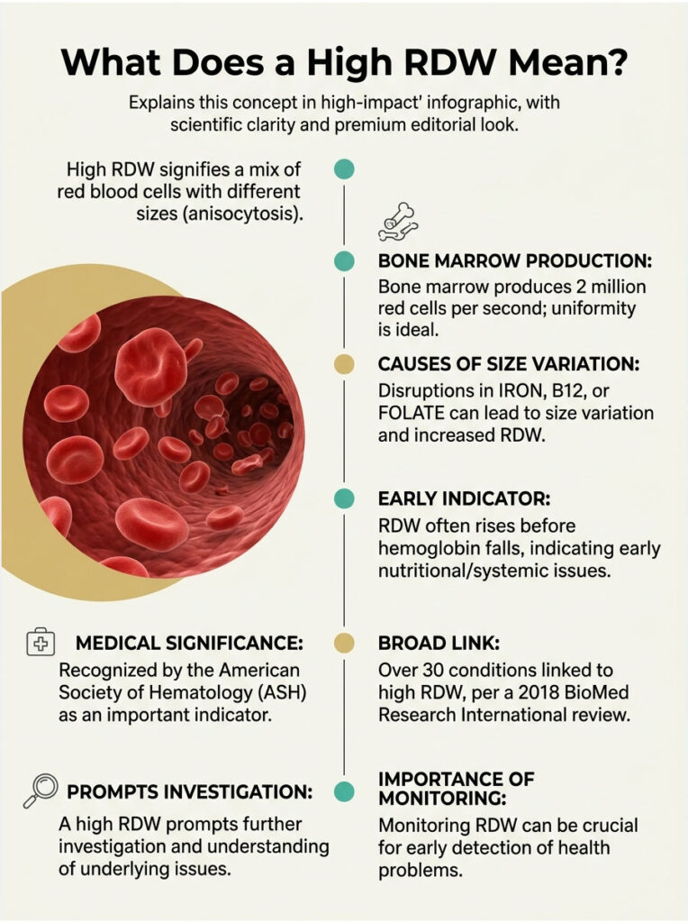 Infographic explaining high RDW, featuring red blood cells, causes, and medical significance.