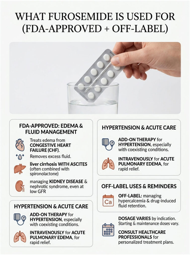 Infographic detailing uses of furosemide, including FDA-approved and off-label uses with icons and text.