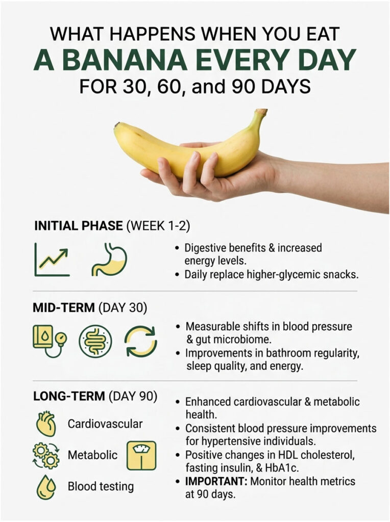 A hand holds a banana with text detailing health benefits over 30, 60, and 90 days in an infographic format.