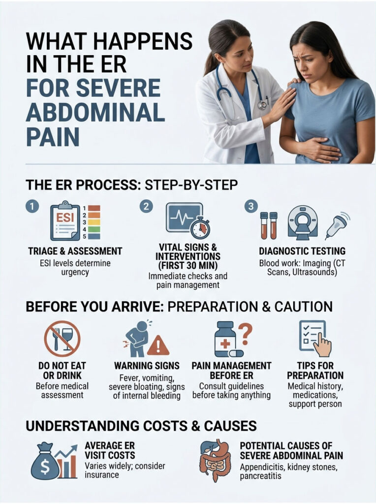 Infographic detailing ER process for severe abdominal pain, including triage, vital signs, and preparation tips.