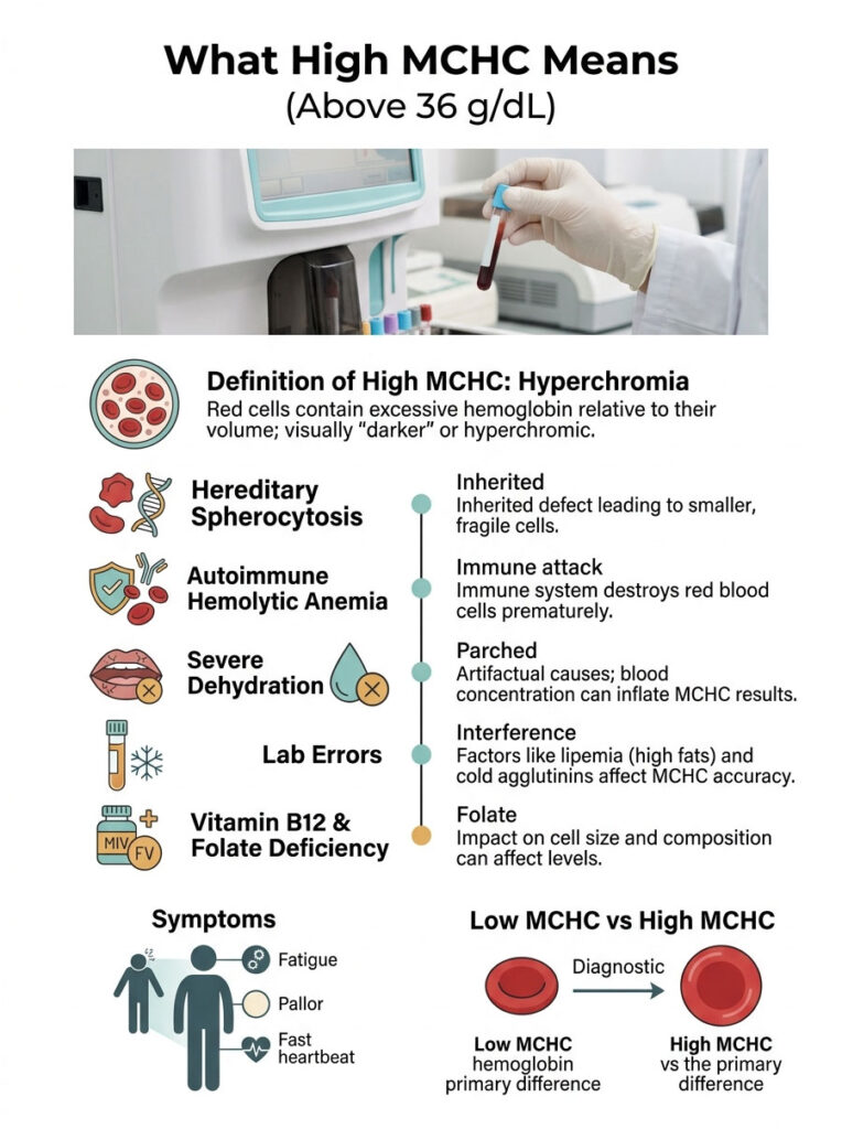 Infographic explaining high MCHC causes, symptoms, and differences between low and high MCHC levels.