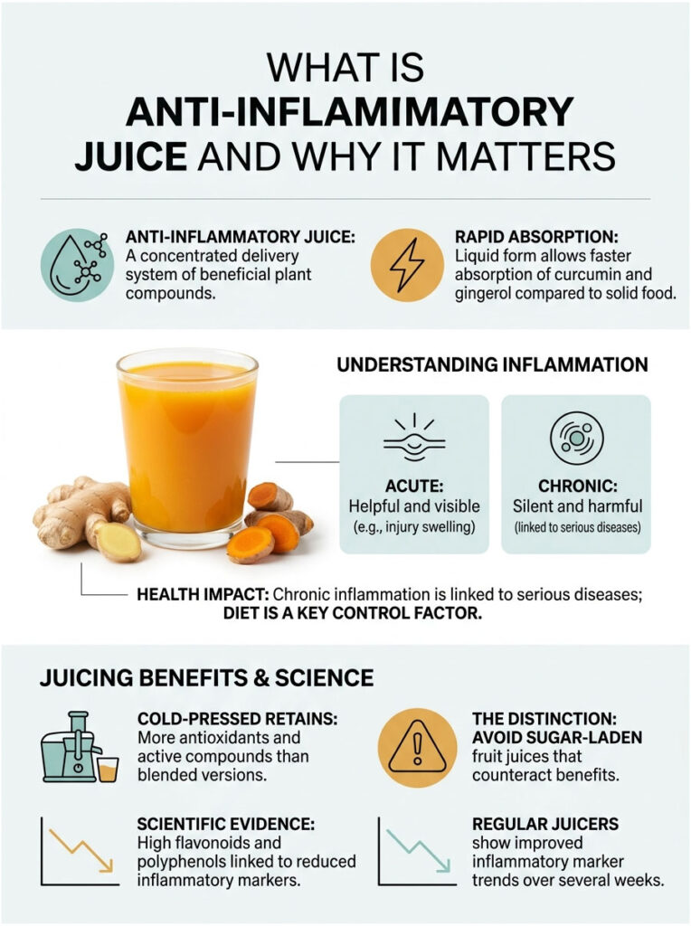 Infographic explaining anti-inflammatory juice benefits, featuring text, icons, and a glass of juice with ginger and turmeric.