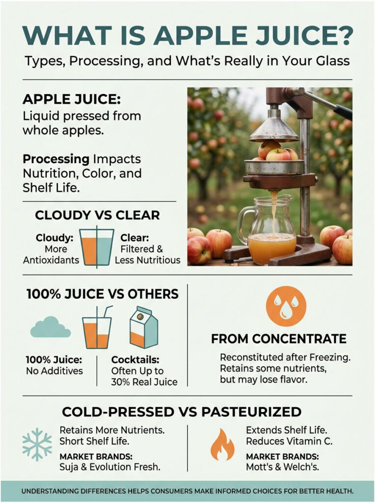 Infographic explaining apple juice types, processing, and nutrition with images of apples and a juicer.