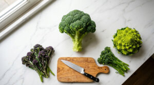 Fresh broccoli, purple broccolini, and romanesco on a marble countertop with a knife on a wooden cutting board.