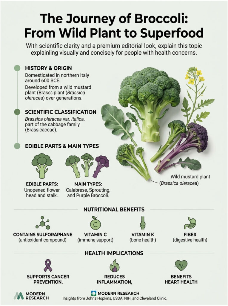 Infographic showing the journey of broccoli, including history, classification, edible parts, benefits, and health implications.