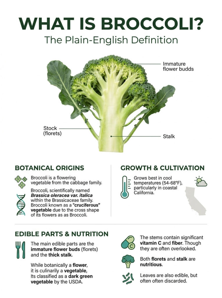 Broccoli infographic showing parts, origins, growth conditions, and nutrition facts with labeled illustrations.