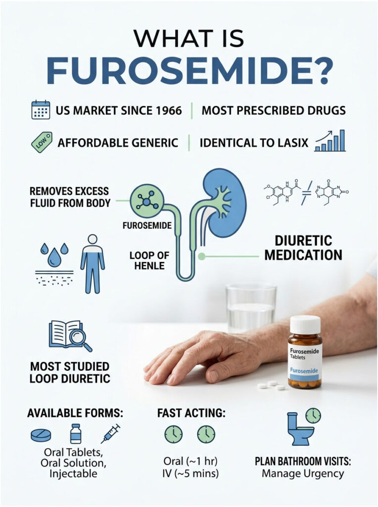 Infographic explaining Furosemide, its uses, effects, and forms, with icons and statistics on diuretic medication.