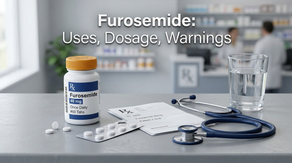 A bottle of Furosemide, prescription pad, stethoscope, and glass of water on a table in a pharmacy setting.