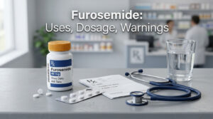 A bottle of Furosemide, prescription pad, stethoscope, and glass of water on a table in a pharmacy setting.