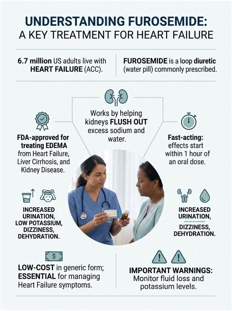 Infographic explaining Furosemide for heart failure, featuring statistics, icons, and key treatment information.