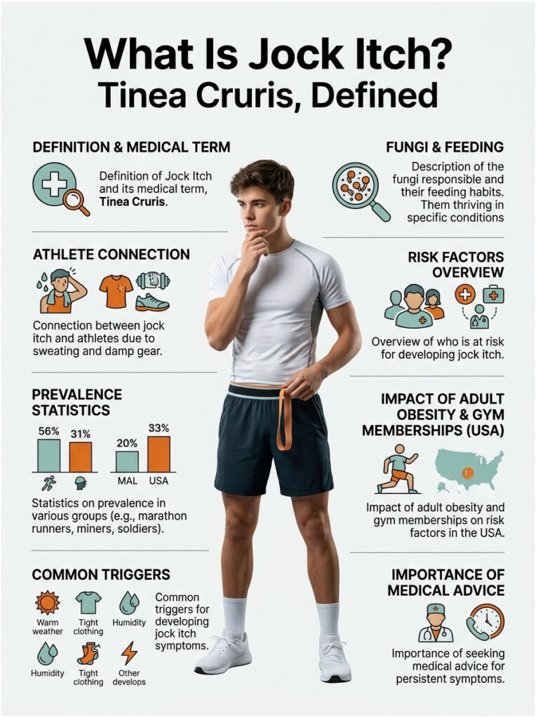 Infographic explaining jock itch, its causes, risk factors, and prevalence statistics with icons and charts.