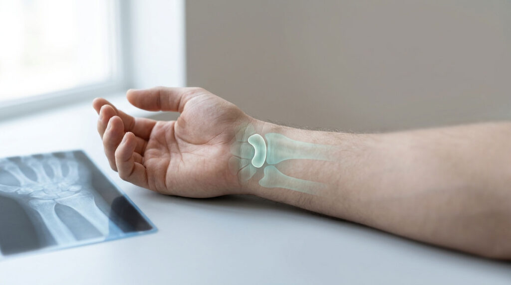 A hand rests on a table with an overlaid image of bones and an X-ray of the wrist nearby.