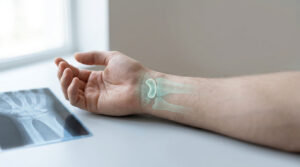 A hand rests on a table with an overlaid image of bones and an X-ray of the wrist nearby.
