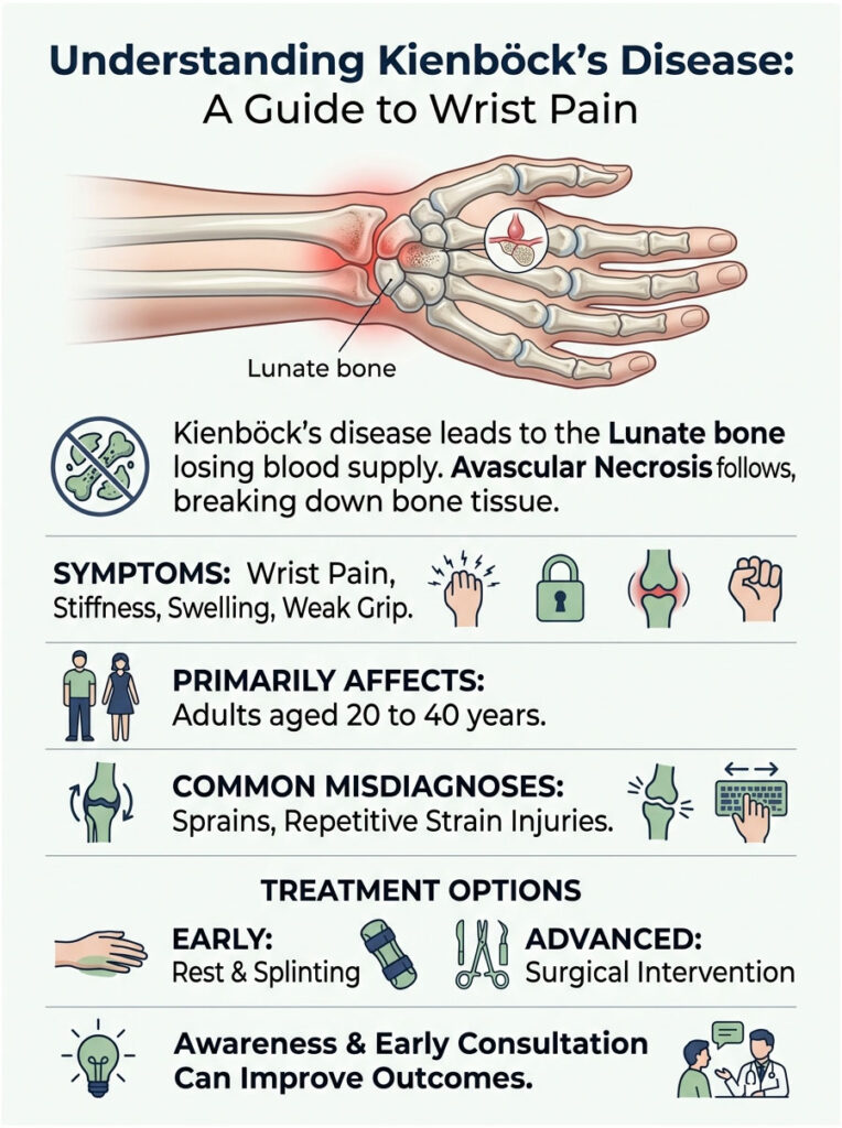 Infographic explaining Kienböck's disease with wrist anatomy, symptoms, misdiagnoses, and treatment options.