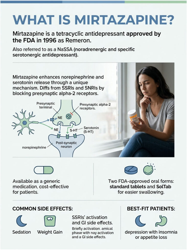 Infographic explaining Mirtazapine, its mechanism, side effects, and patient suitability with illustrations.