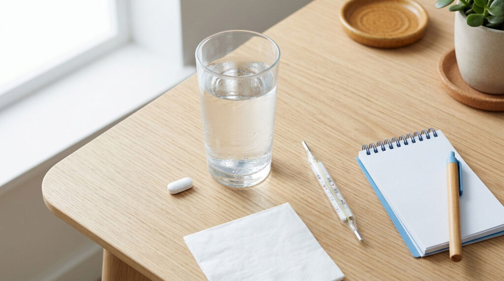 A glass of water sits on a wooden table with a notepad, pen, tissue, and a pill nearby.
