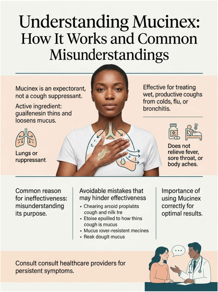 Infographic explaining Mucinex as an expectorant, its uses, and common misunderstandings about its effectiveness.