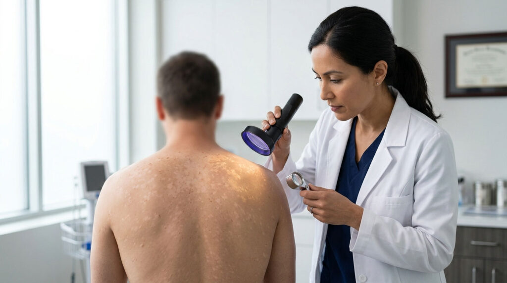 A dermatologist examines a patient's back using a flashlight and magnifying glass in a clinical setting.