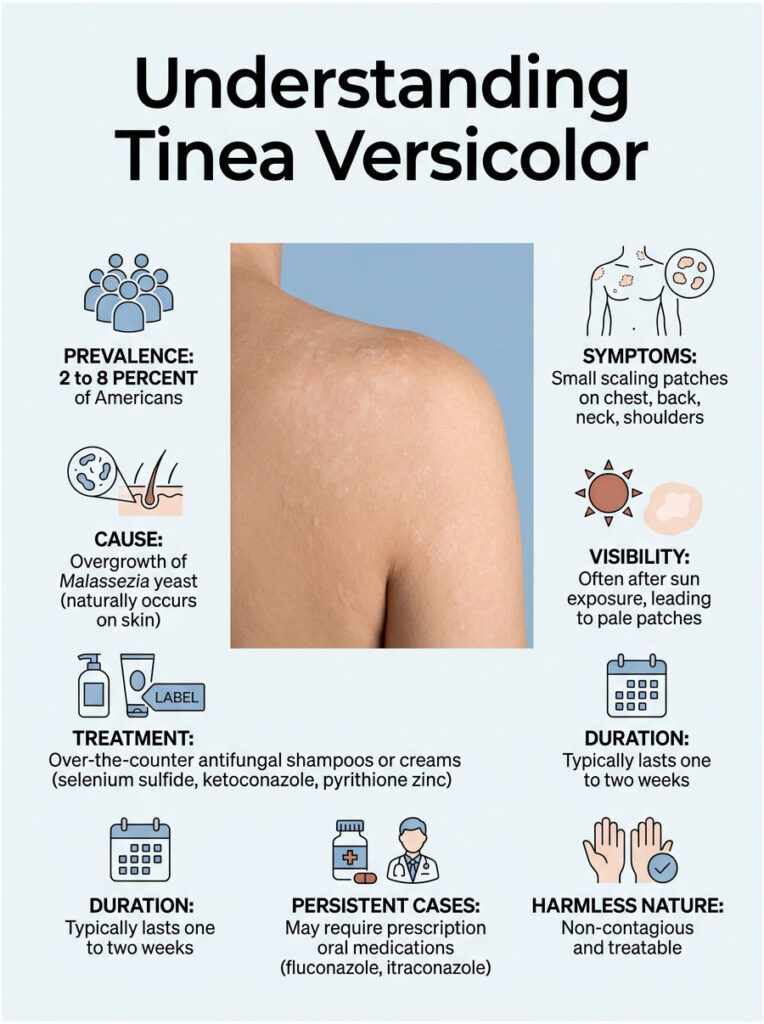 Infographic explaining Tinea Versicolor with symptoms, prevalence, treatment, and duration details.