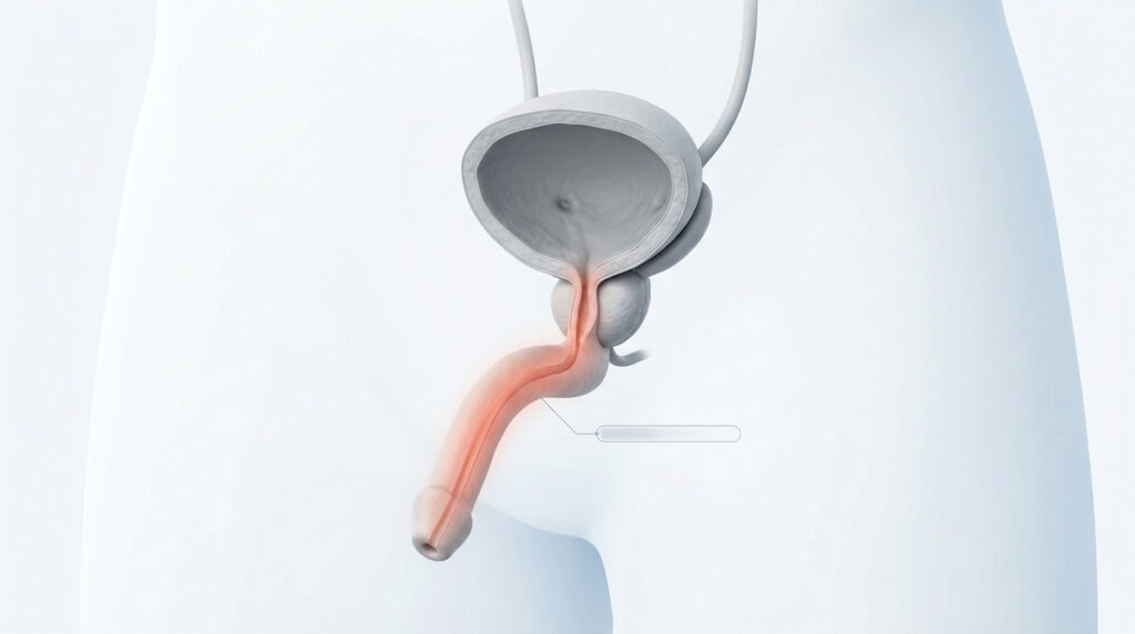 A detailed illustration of the male urinary system, showing the bladder and urethra in a light color scheme.