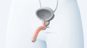 A detailed illustration of the male urinary system, showing the bladder and urethra in a light color scheme.