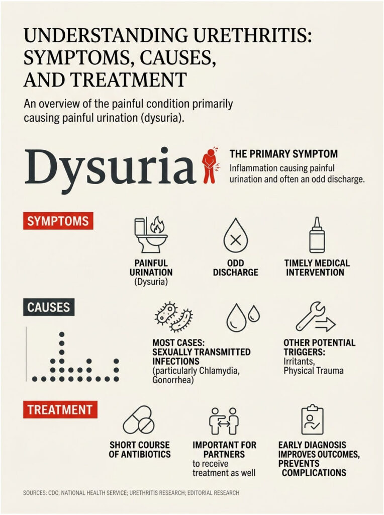 Infographic explaining urethritis with symptoms, causes, and treatment details including dysuria and STIs.